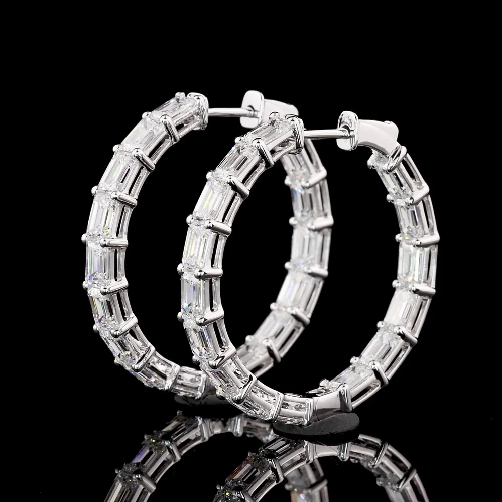 14K White Gold Medium Hoop Earrings with East-West Set Emerald Cut Lab Diamonds - 6.23 Total Carat Weight, E-F Color VVS2 Clarity - Covaloro Fine Jewelry - Image 3