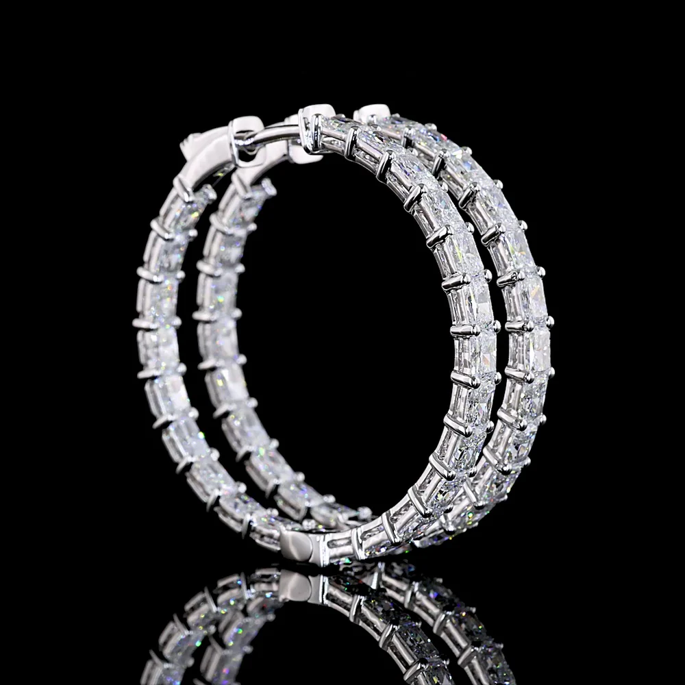 14K White Gold Medium Hoop Earrings with East-West Set Radiant Cut Lab Diamonds - 5.10 Carats Total Diamond Weight - Covaloro Fine Jewelry