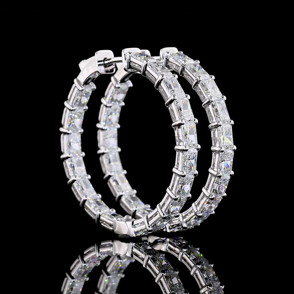 14K White Gold Medium Hoop Earrings with East-West Set Radiant Cut Lab Grown Diamonds - 7.07 Carat Total Weight, E-F Color, VS Clarity - Covaloro Fine Jewelry
