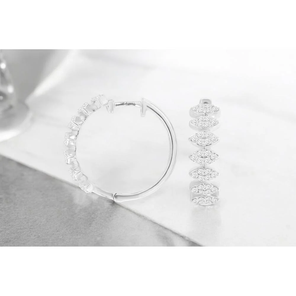14K White Gold Medium Hoop Earrings with Marquise-Shaped Diamond Clusters - 0.58 Carat Total Diamond Weight - Royal Jewelry - Image 2