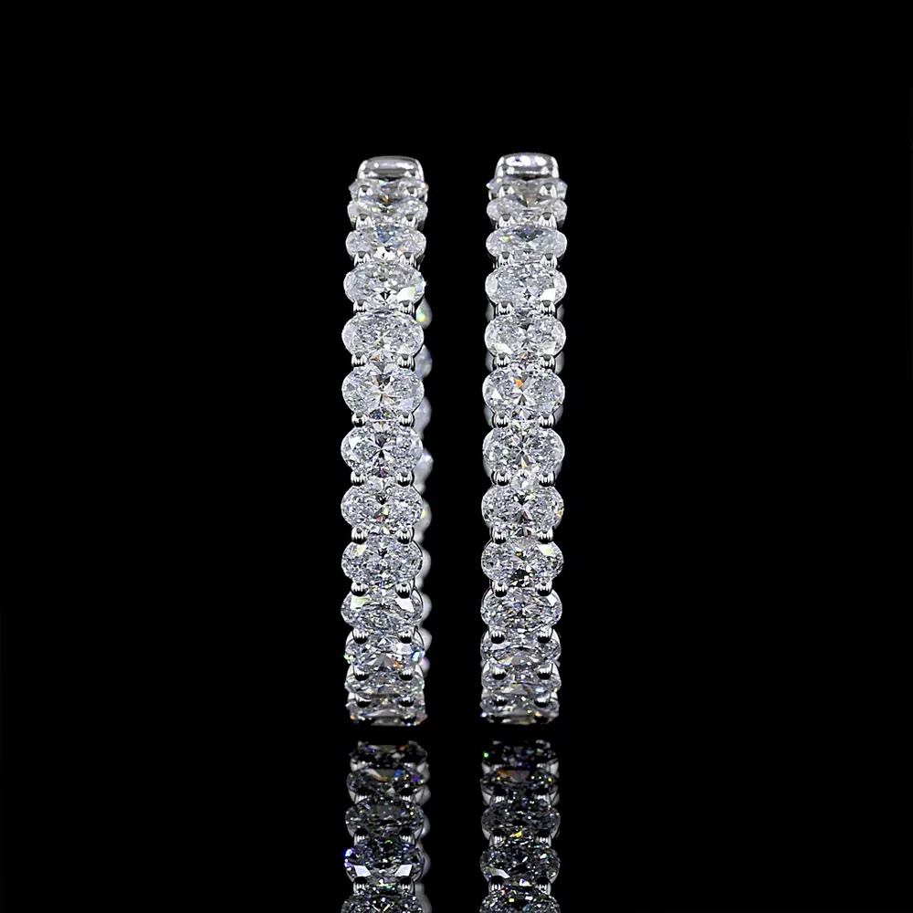 14K White Gold Medium Hoop Earrings with North-South Oval Cut Lab Diamonds - 4.93 Carats Total Diamond Weight - Covaloro Fine Jewelry