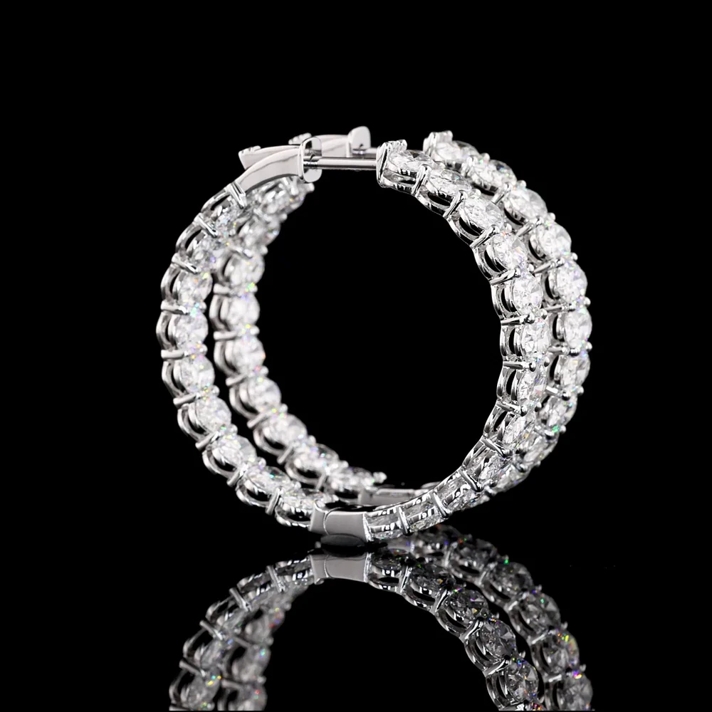 14K White Gold Medium Hoop Earrings with North-South Prong Set Oval Lab Diamonds - 8.96 Carat Total Weight - Covaloro Fine Jewelry