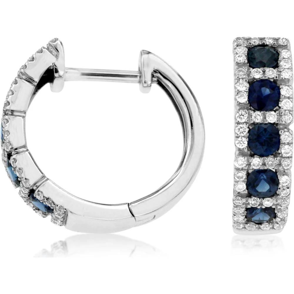 14K White Gold Medium Hoop Earrings with Round Blue Sapphires and Diamond Halo - 0.90 Carat Total Gem Weight - Royal Jewelry