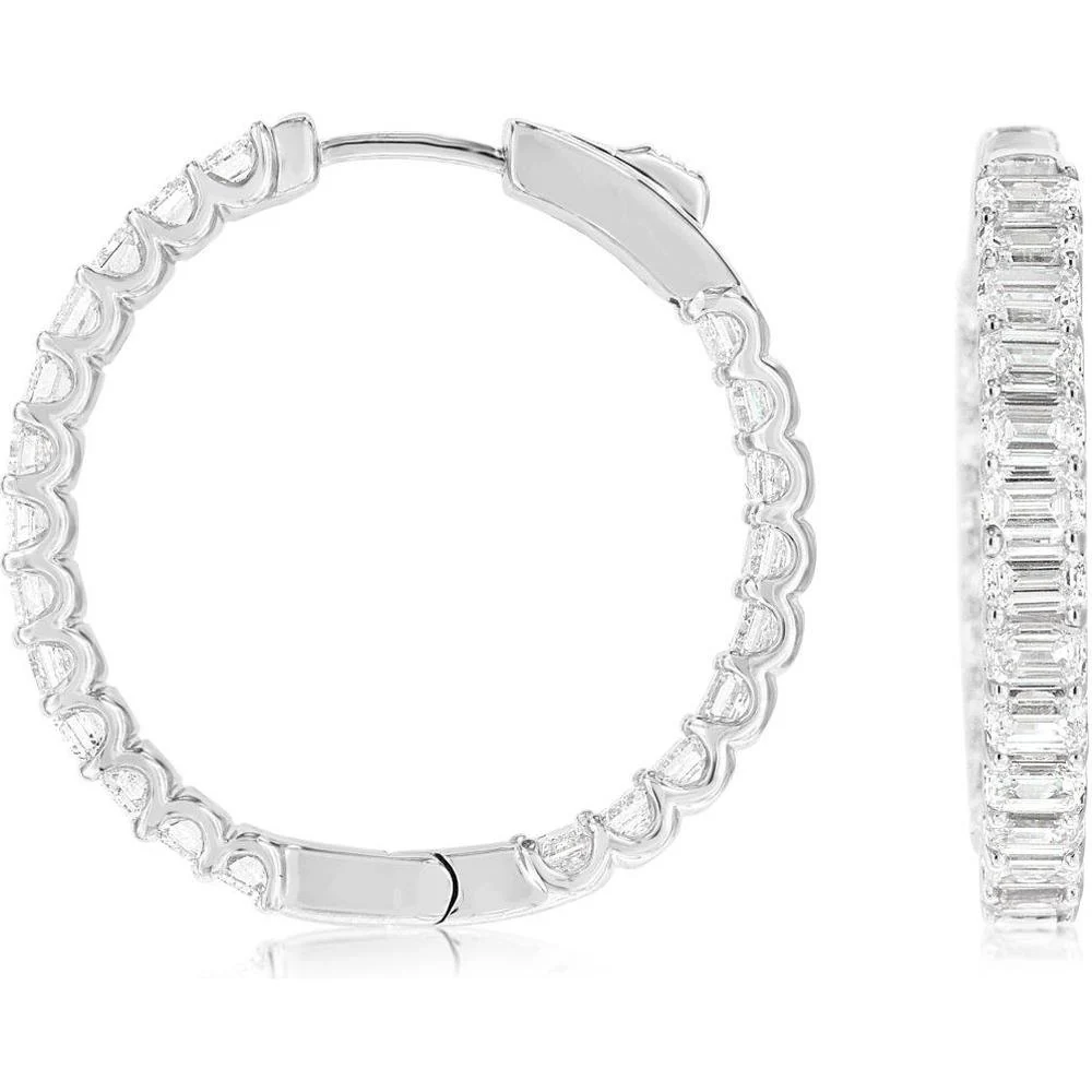 14K White Gold Medium Hoop Earrings with Shared Prong Set Baguette Cut Diamonds - 6.90 Carat Total Diamond Weight - Royal Jewelry