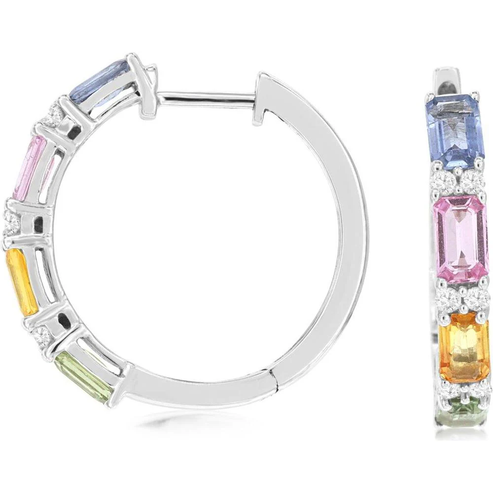 14K White Gold Medium Hoop Earrings with Step-Cut Multi-Color Sapphires and Diamond Accents - 2.80 Carat Total Sapphire Weight, 0.20 Carat Total Diamond Weight - Royal Jewelry