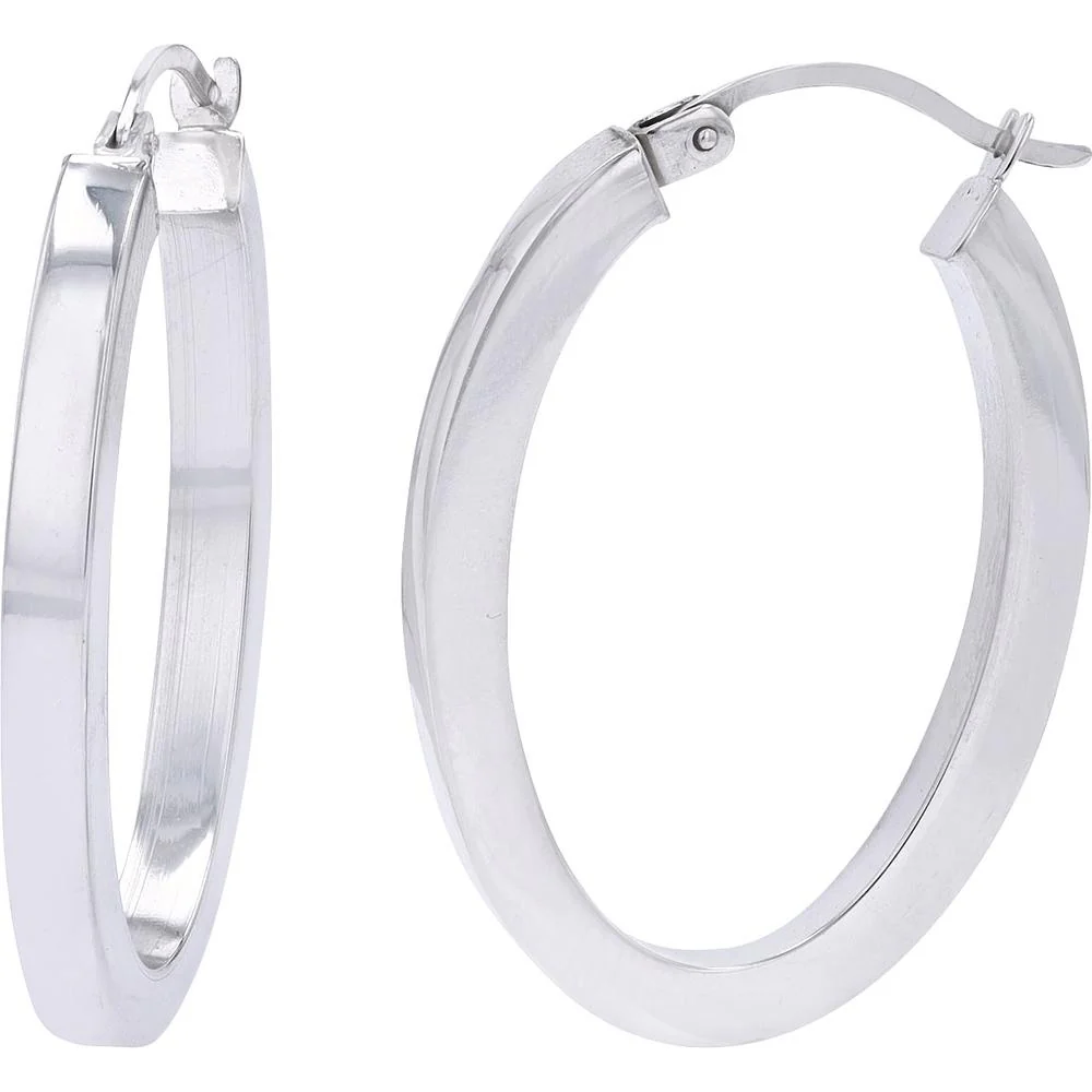 14K White Gold Medium Oval Hoop Earrings - Polished Sleek Design - Image 2