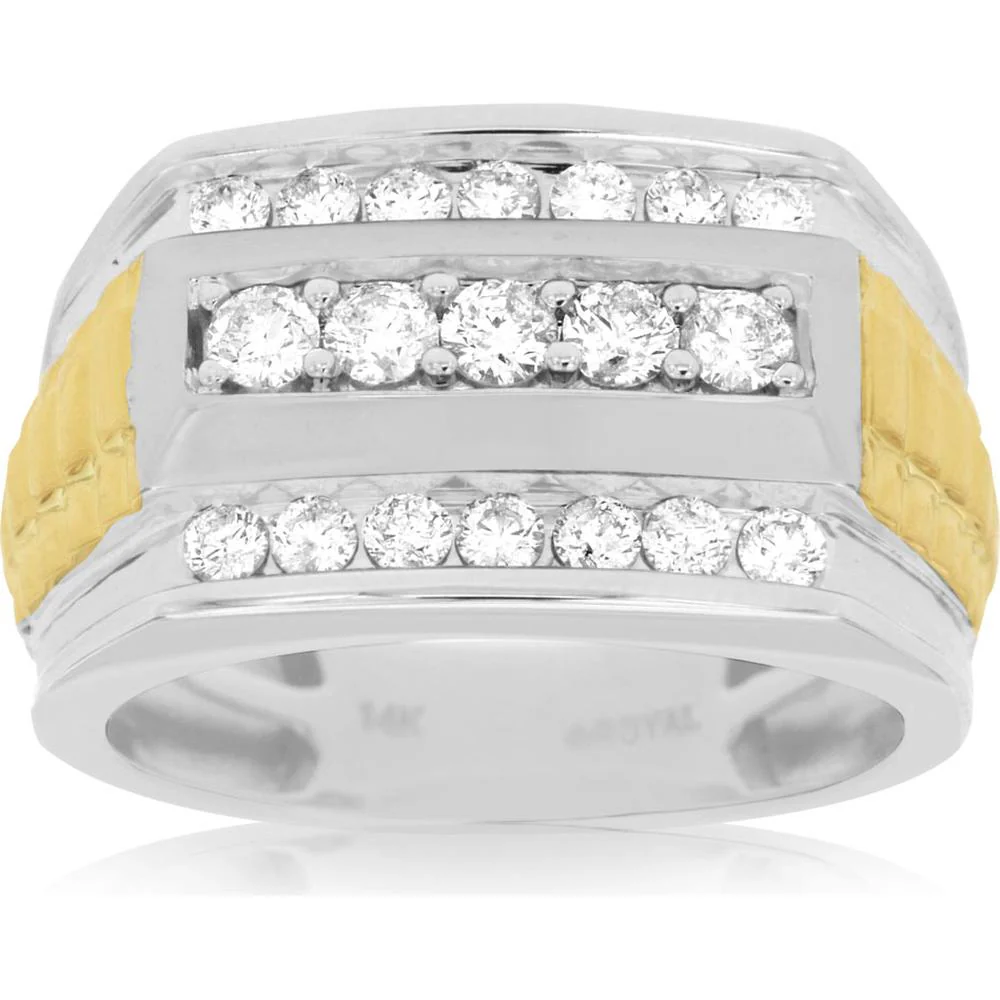 14K White Gold Men's Band Ring with 1.00 Carat Total Diamond Weight and Yellow Gold Accents - Royal Jewelry