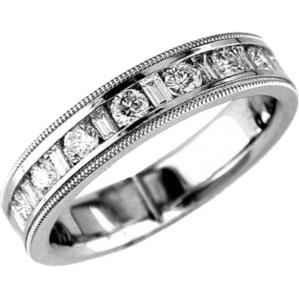 14K White Gold Men's Diamond Band with Alternating Baguette and Round Channel-Set Diamonds - 1.00 Carat Total Diamond Weight - Royal Jewelry
