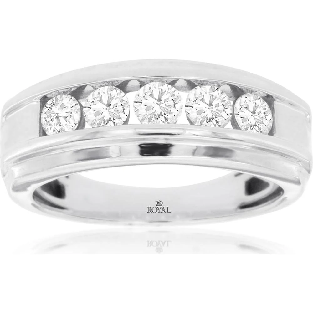 14K White Gold Men's Diamond Ring with Channel Set Round Cut Diamonds - 1.00 Carat Total Diamond Weight - Royal Jewelry