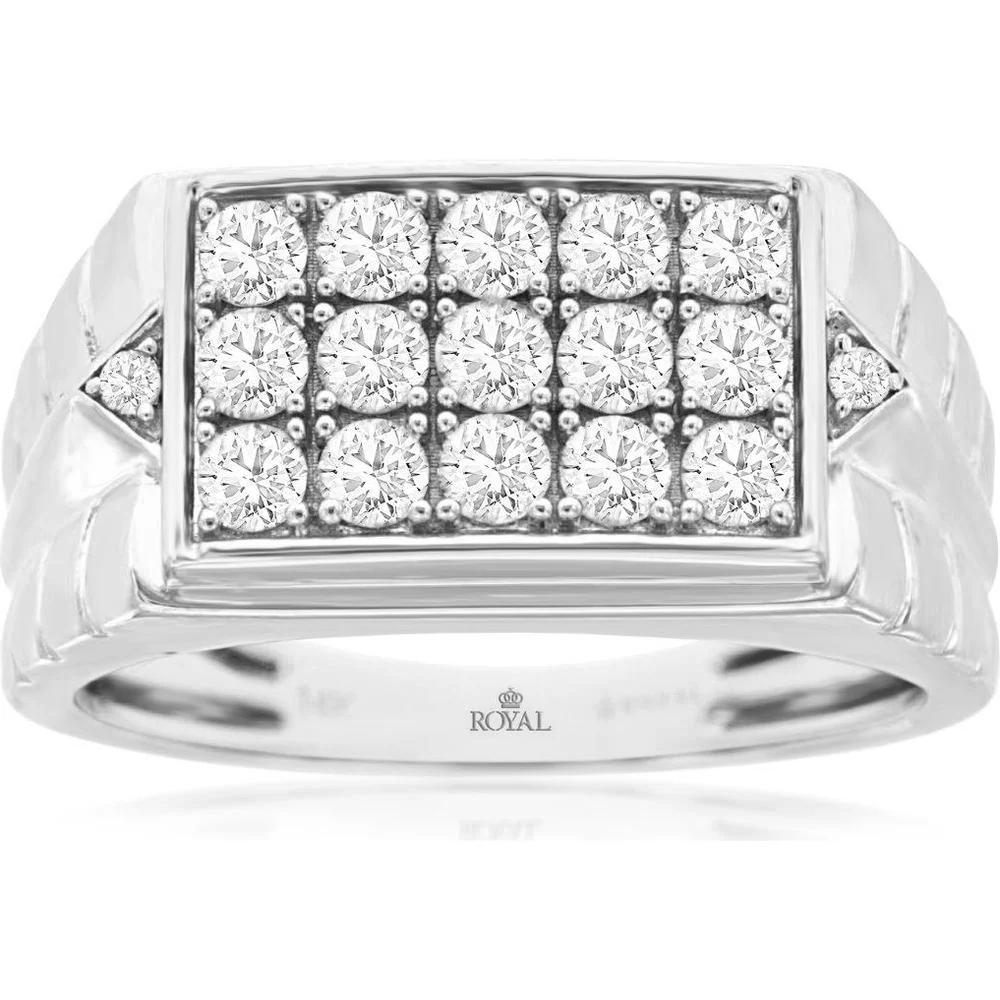 14K White Gold Men's Diamond Ring with Round Diamonds - 1.0 Carats Total Diamond Weight - Royal Jewelry