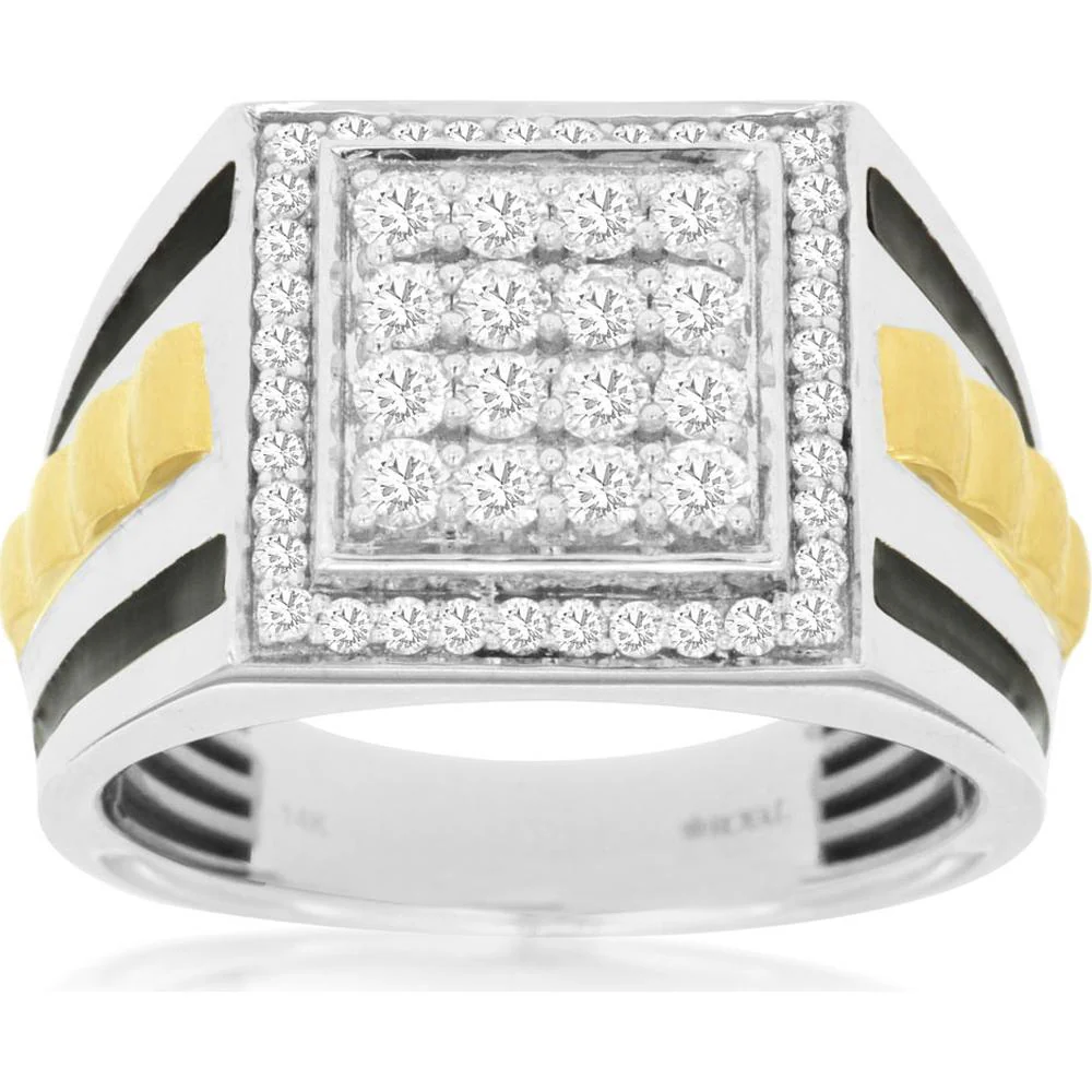 14K White Gold Men's Diamond Ring with Square Cluster and Yellow Gold Accents - 1.00 Carat Total Diamond Weight - Royal Jewelry