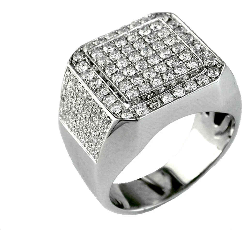 14K White Gold Men's Diamond Statement Ring with Princess Cut and Round Diamonds - 2.20 Carat Total Diamond Weight - Royal Jewelry