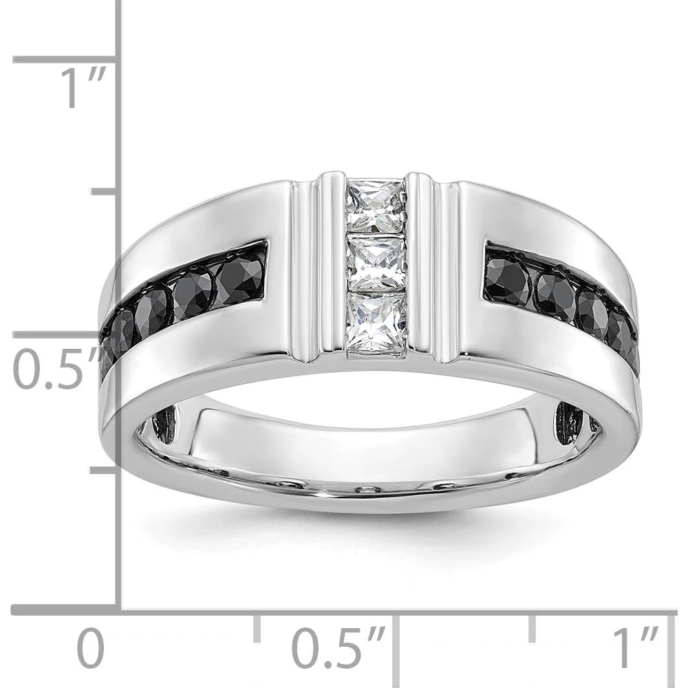 14K White Gold Men's Grooved Band Ring with Black and White Diamonds - 0.16 Carats Total Diamond Weight by IBGoodman - Image 3