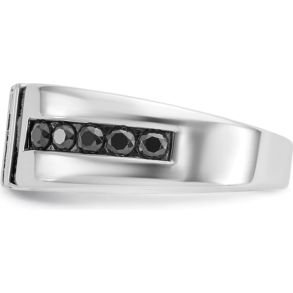 14K White Gold Men's Grooved Band Ring with Black and White Diamonds - 0.16 Carats Total Diamond Weight by IBGoodman - Image 5