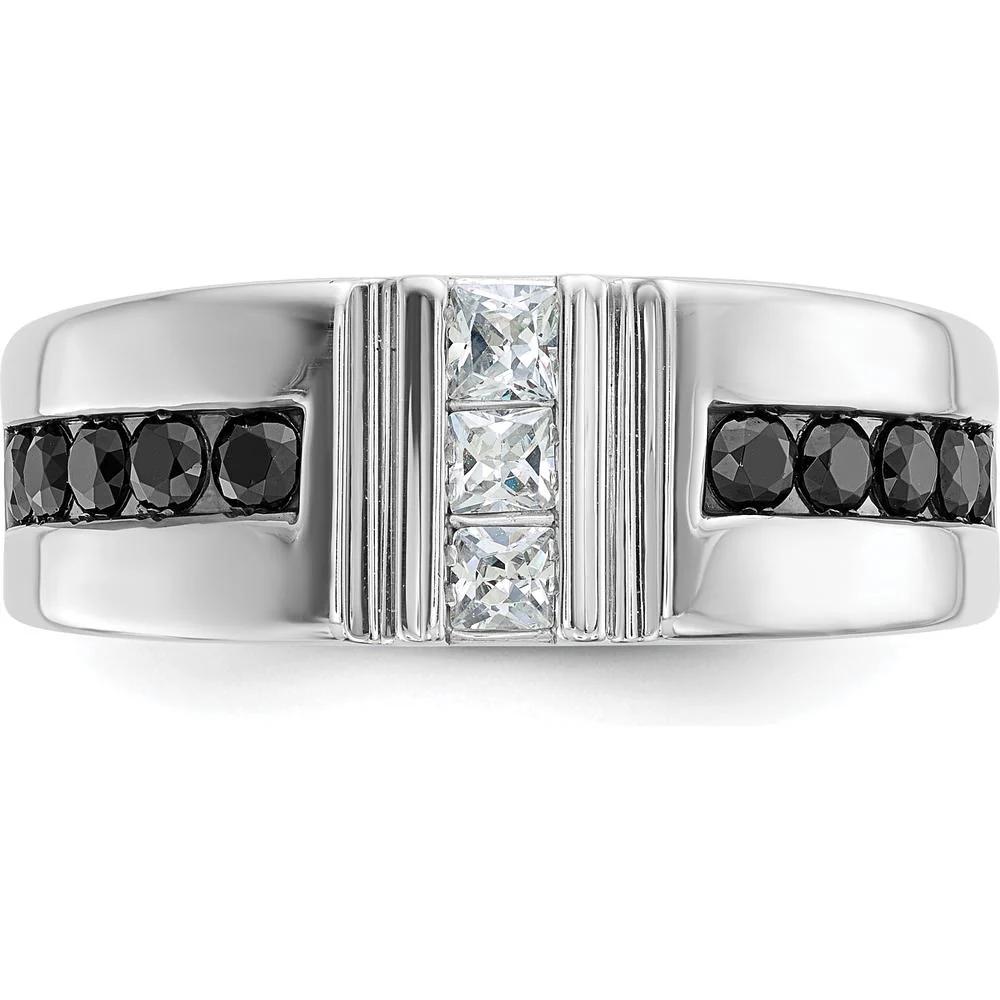 14K White Gold Men's Grooved Band Ring with Black and White Diamonds - 0.16 Carats Total Diamond Weight by IBGoodman - Image 6