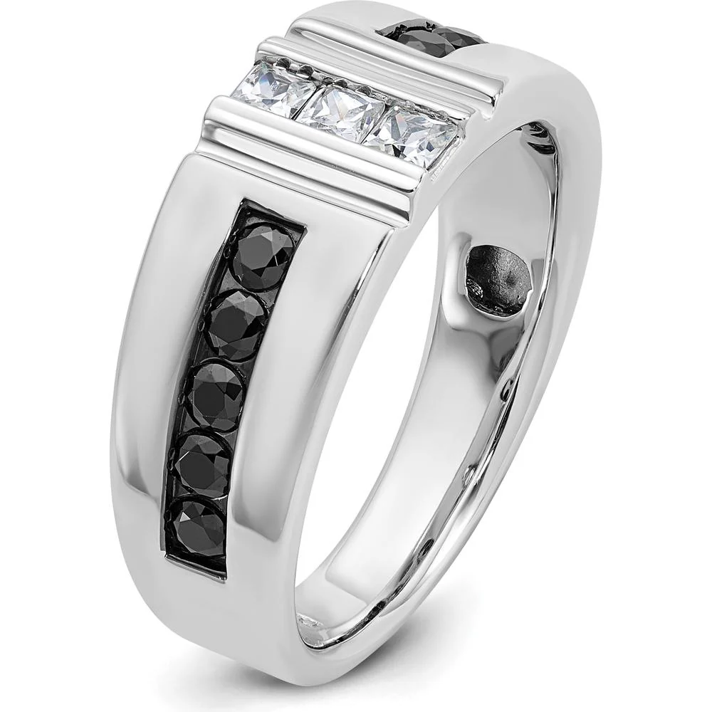14K White Gold Men's Grooved Band Ring with Black and White Diamonds - 0.16 Carats Total Diamond Weight by IBGoodman - Image 8