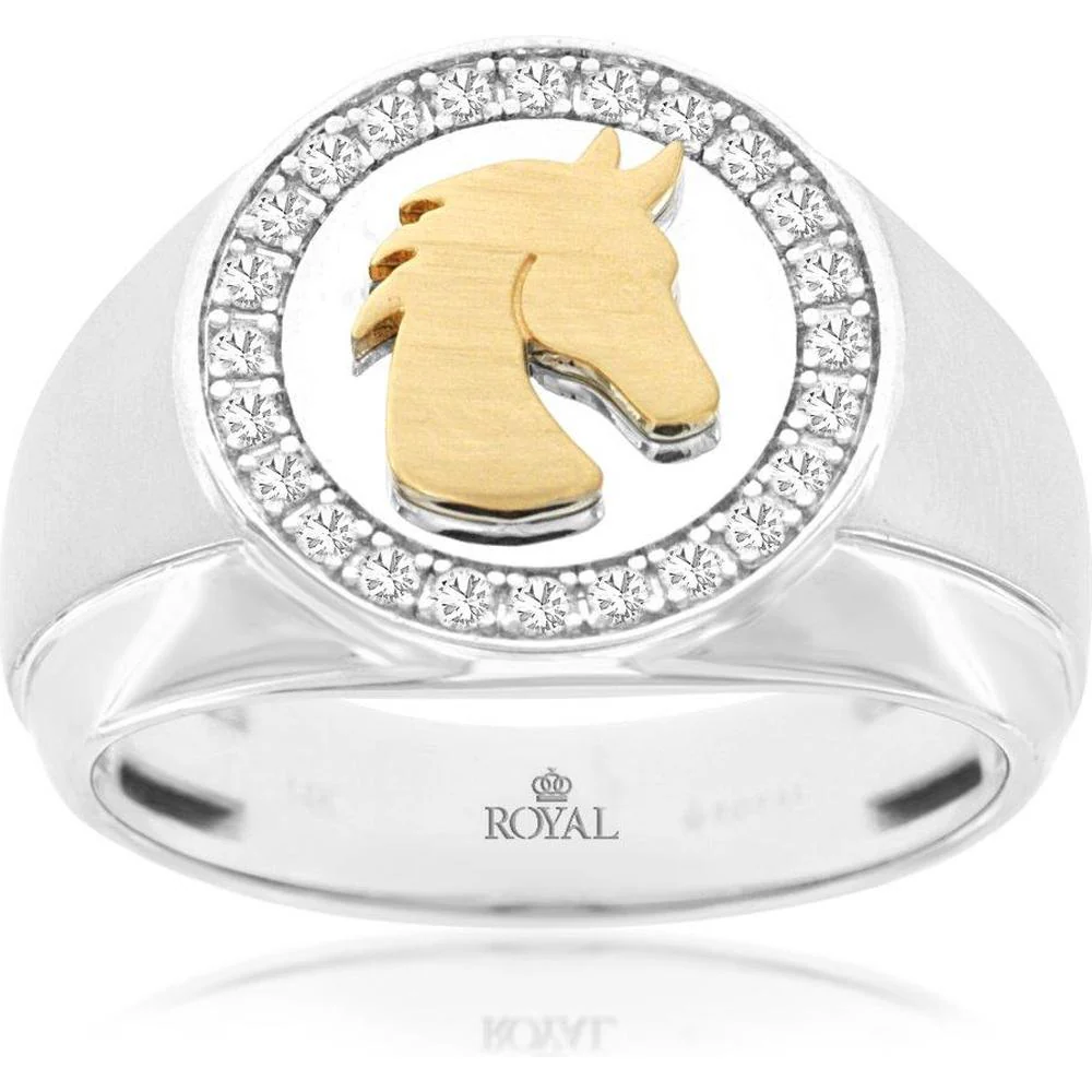 14K White Gold Men's Horse Head Ring with Round Diamond Halo - 0.25 Carat Total Diamond Weight - Royal Jewelry