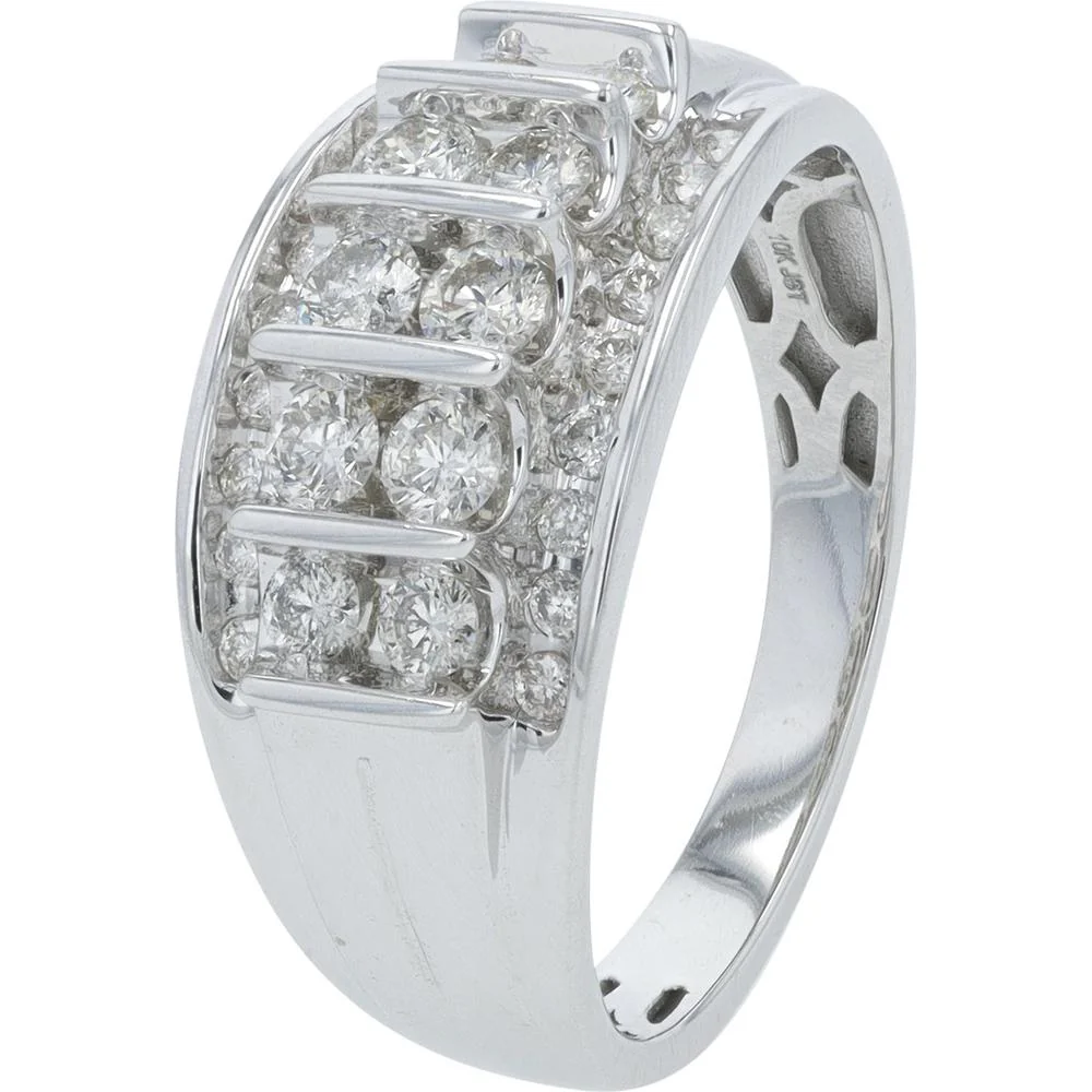 14K White Gold Men's Multi - Row 1 Carat Diamond Ring - Prong Set Round Diamonds
