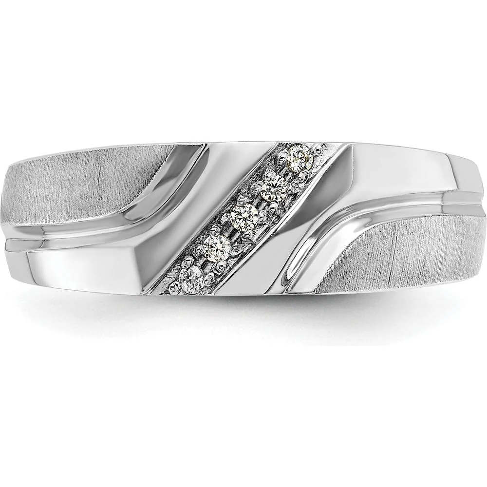 14K White Gold Men's Polished Satin Grooved Band with 5 Round Diamonds - 0.012 Carats Total Diamond Weight by IBGoodman - Image 6