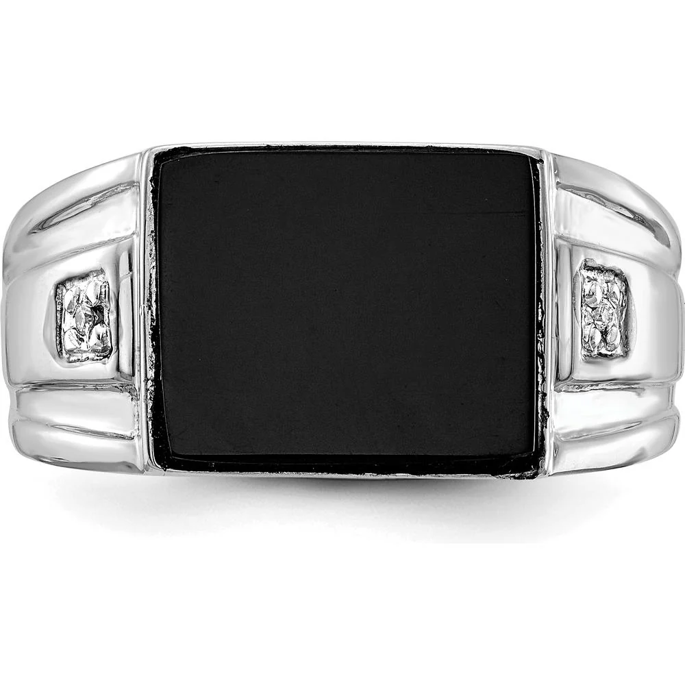 14K White Gold Men's Ring with Cushion Onyx and Round Diamonds - 0.008 Carat Diamond Weight - Size 10 by Monteluci Fine Jewelry - Image 4