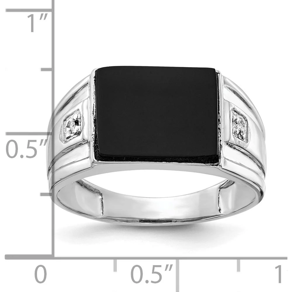 14K White Gold Men's Ring with Cushion Onyx and Round Diamonds - 0.008 Carat Diamond Weight - Size 10 by Monteluci Fine Jewelry - Image 5
