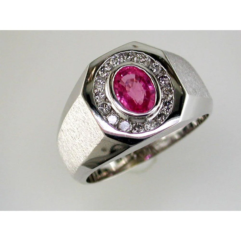 14K White Gold Men's Ring with Oval Pink Sapphire and Round Diamonds - 1.32 Carats Total Gem Weight - Royal Jewelry