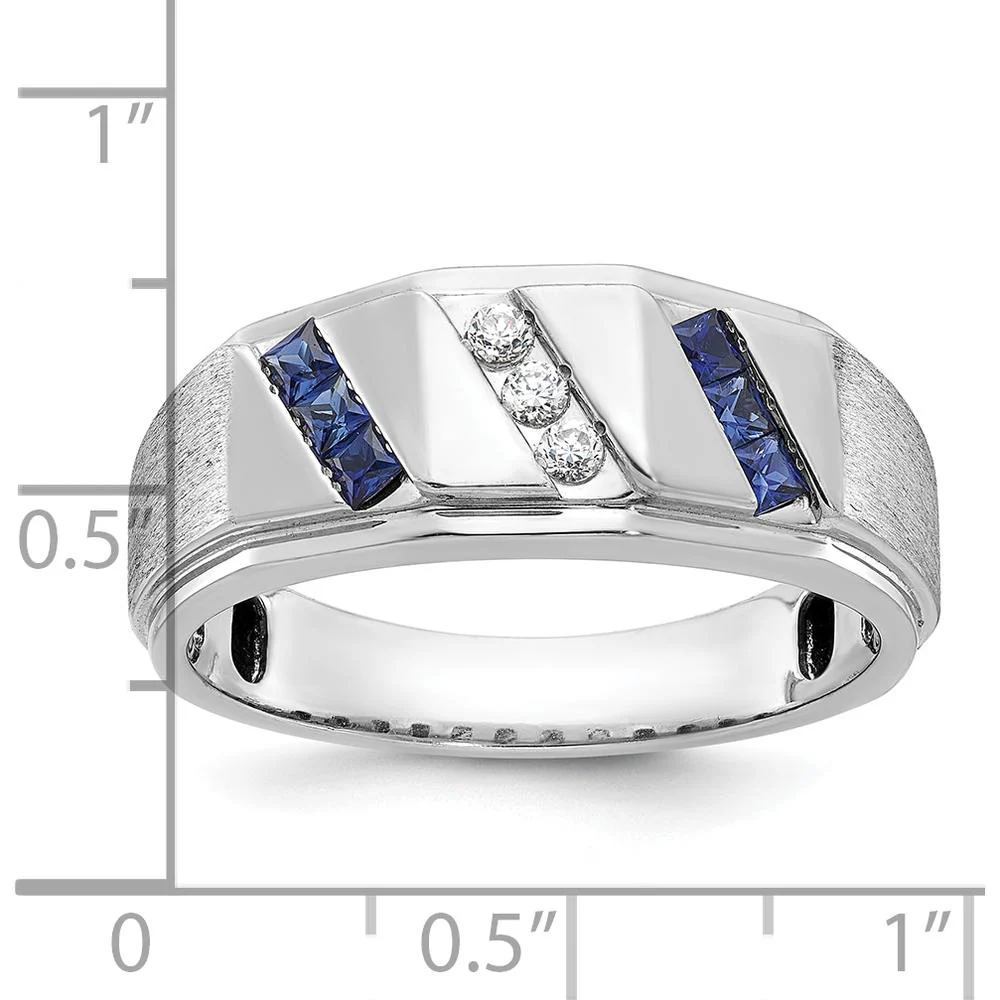 14K White Gold Men's Satin Finish Lab Created Sapphire and Diamond Ring - 0.09 Carats Diamond Weight by IBGoodman - Image 2