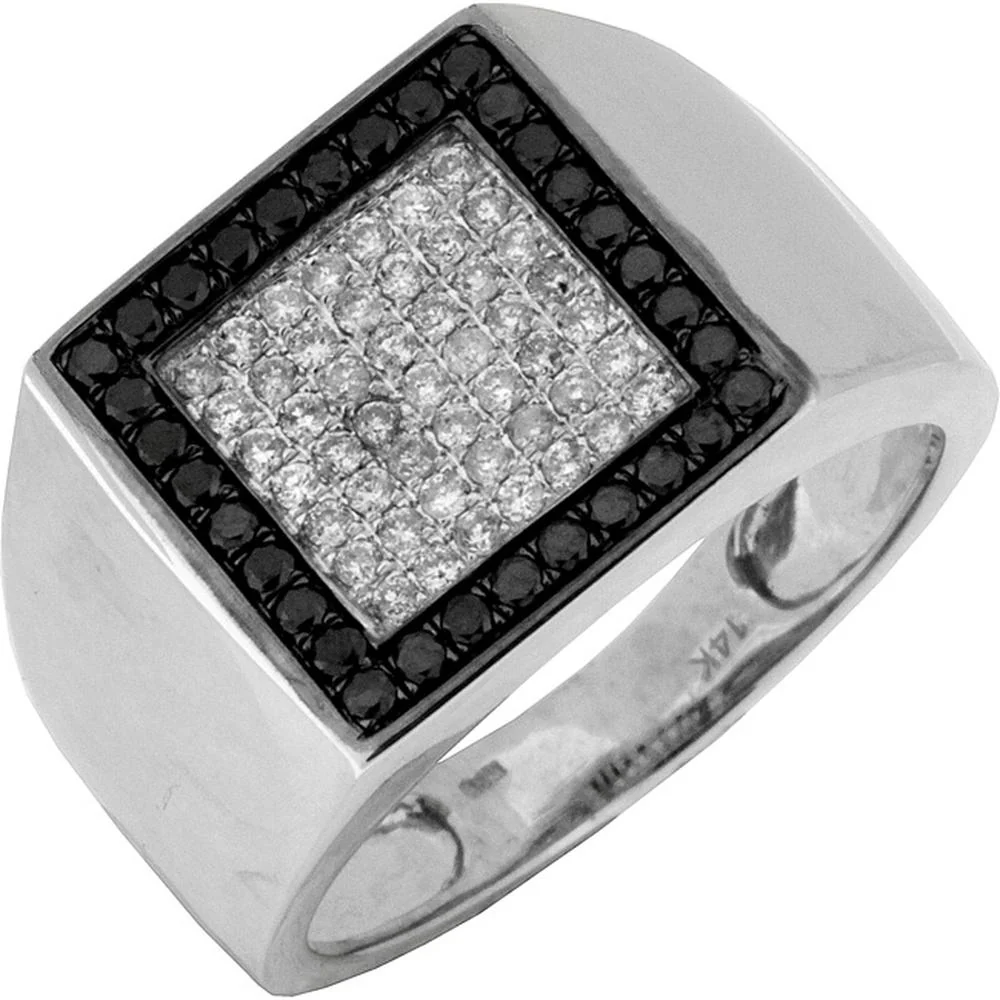 14K White Gold Men's Square Halo Ring with Pavé Set Round White and Black Diamonds - 0.72 Carat Total Diamond Weight - Royal Jewelry