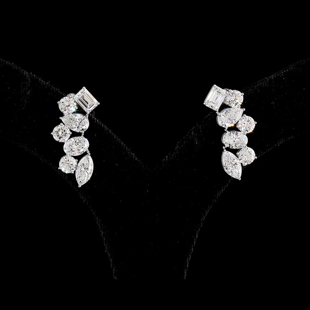 14K White Gold Mixed Shape Crawler Earrings with Emerald, Pear, Oval, Marquise & Brilliant Cut Lab Diamonds - 5.98 Carats Total Diamond Weight - Covaloro Fine Jewelry