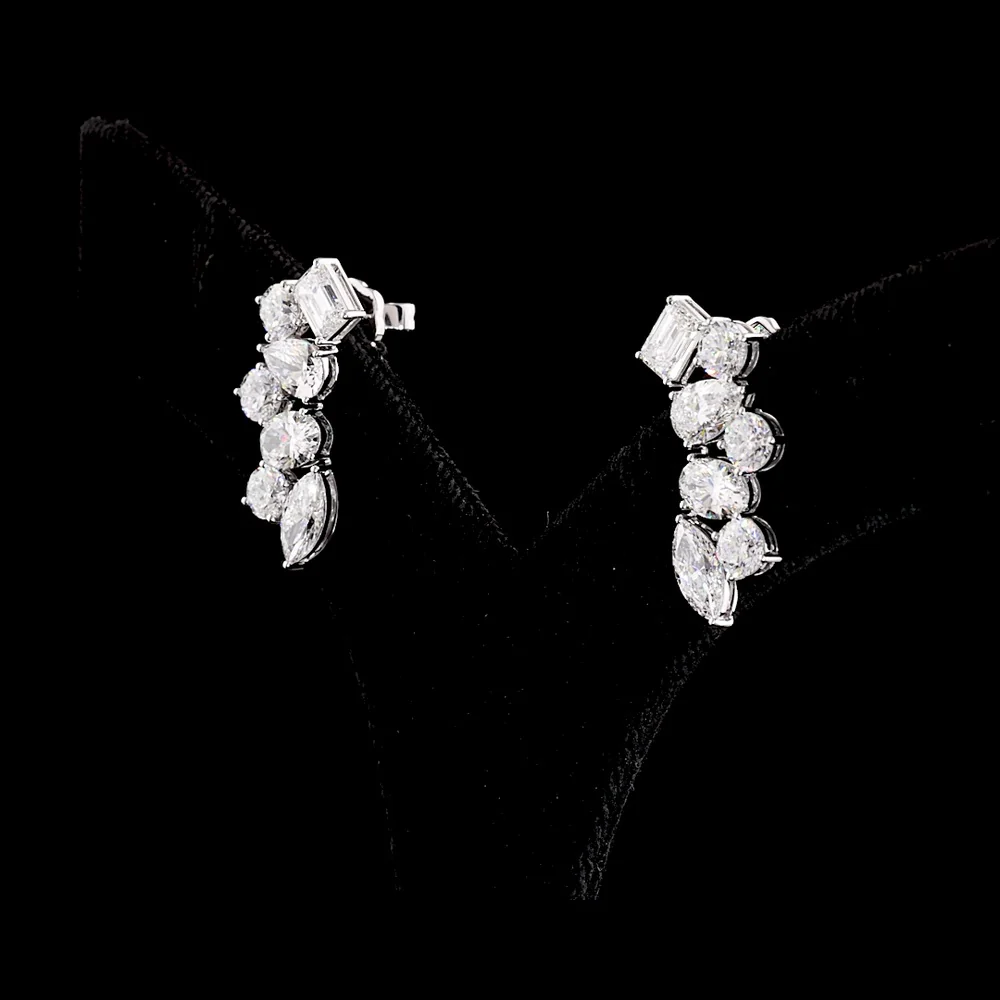 14K White Gold Mixed Shape Crawler Earrings with Emerald, Pear, Oval, Marquise & Brilliant Cut Lab Diamonds - 5.98 Carats Total Diamond Weight - Covaloro Fine Jewelry - Image 3