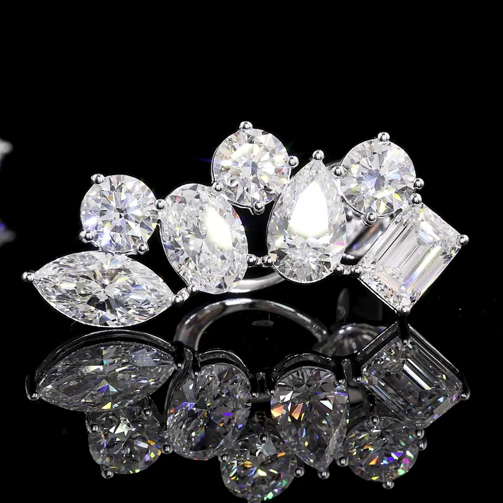 14K White Gold Mixed Shape Crawler Earrings with Emerald, Pear, Oval, Marquise & Brilliant Cut Lab Diamonds - 5.98 Carats Total Diamond Weight - Covaloro Fine Jewelry - Image 4