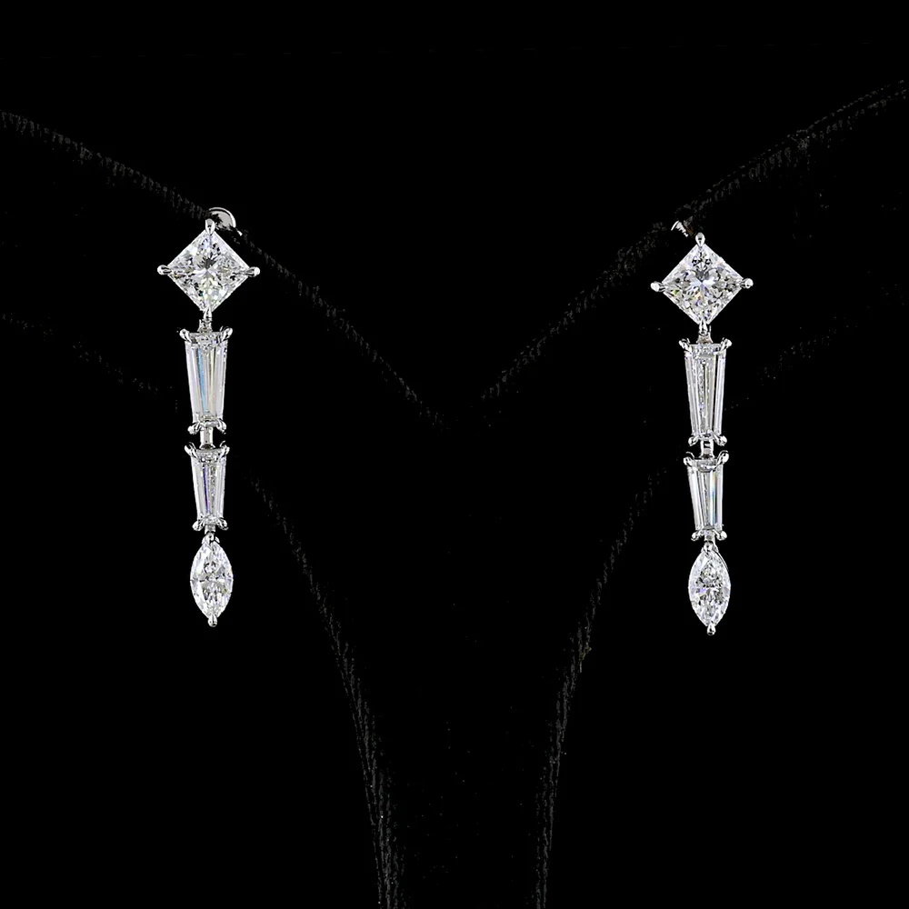 14K White Gold Mixed Shape Dangle Earrings with Princess, Tapered Baguette, and Marquise Lab Diamonds - 4.66 Total Carat Weight - Covaloro Fine Jewelry