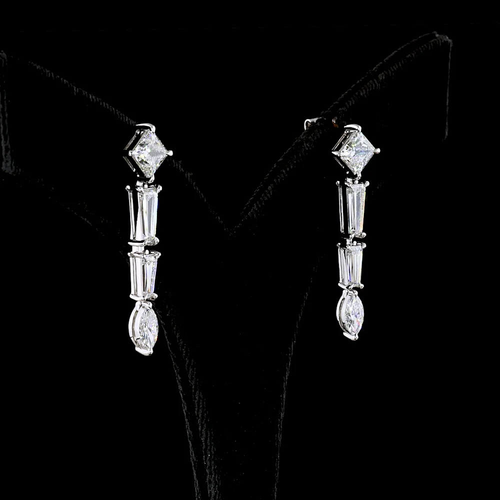 14K White Gold Mixed Shape Dangle Earrings with Princess, Tapered Baguette, and Marquise Lab Diamonds - 4.66 Total Carat Weight - Covaloro Fine Jewelry - Image 3