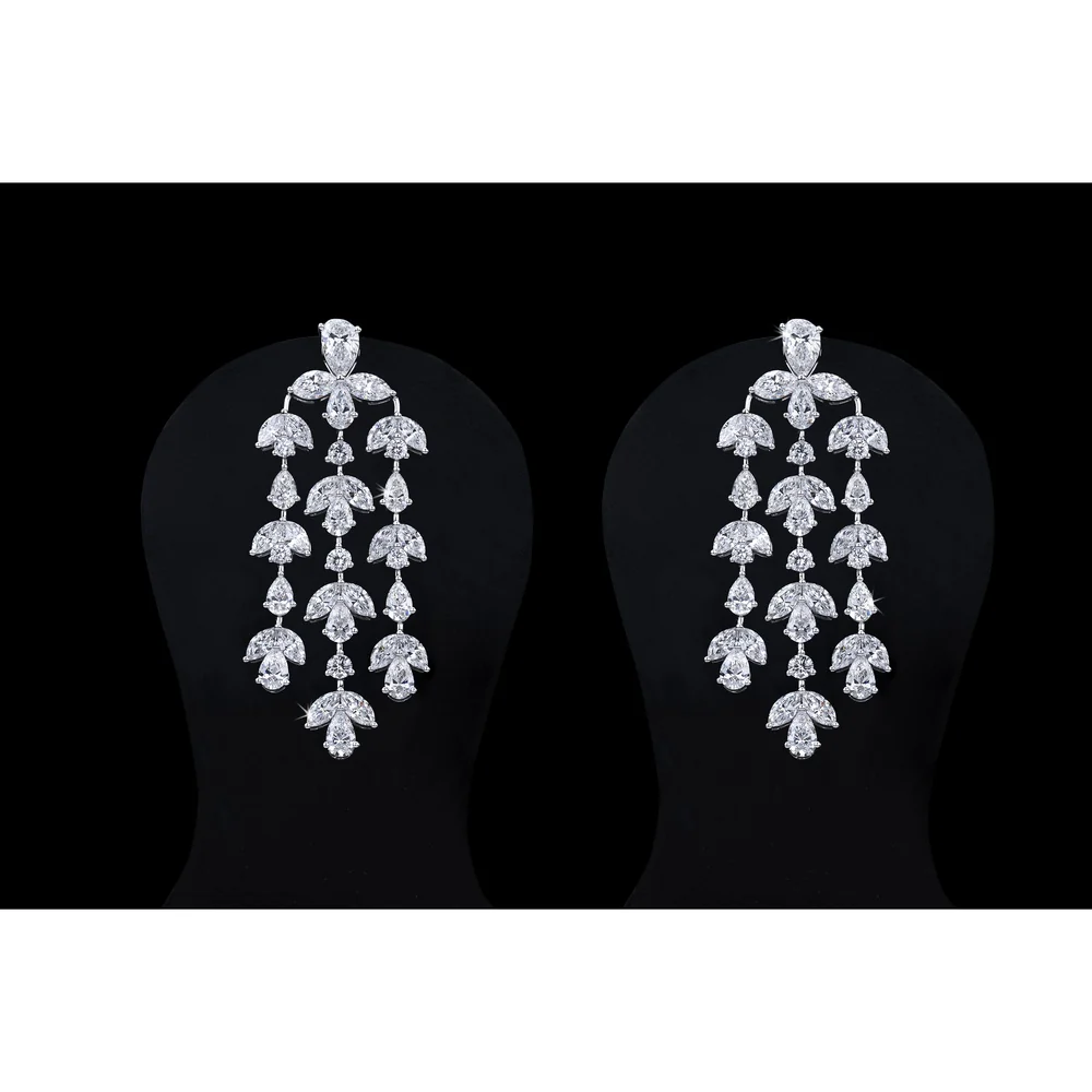 14K White Gold Mixed Shape Diamond Chandelier Earrings - Pear, Marquise, and Round Lab Grown Diamonds - 15.30 Carat Total Diamond Weight - Covaloro Fine Jewelry