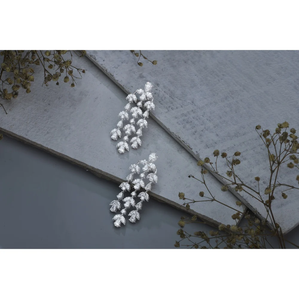 14K White Gold Mixed Shape Diamond Chandelier Earrings - Pear, Marquise, and Round Lab Grown Diamonds - 15.30 Carat Total Diamond Weight - Covaloro Fine Jewelry - Image 3