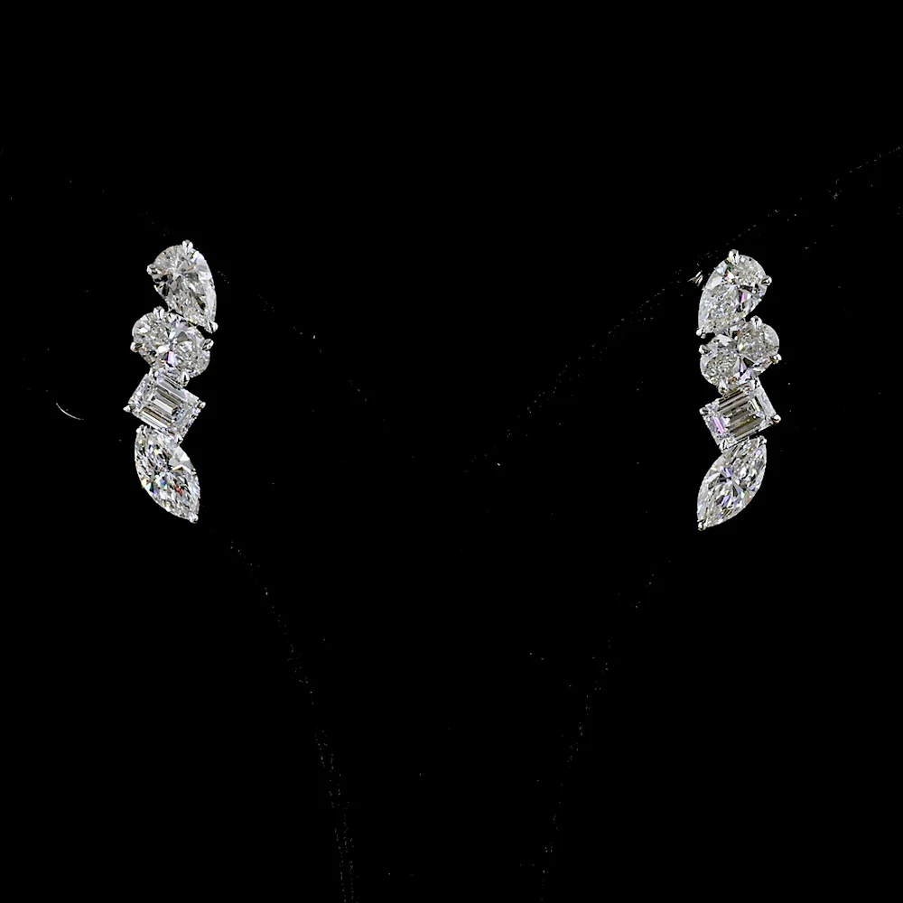 14K White Gold Mixed Shape Diamond Crawler Earrings with Pear, Oval, Emerald Cut, and Marquise Lab Grown Diamonds - 4.26 Carat Total Diamond Weight - Covaloro Fine Jewelry