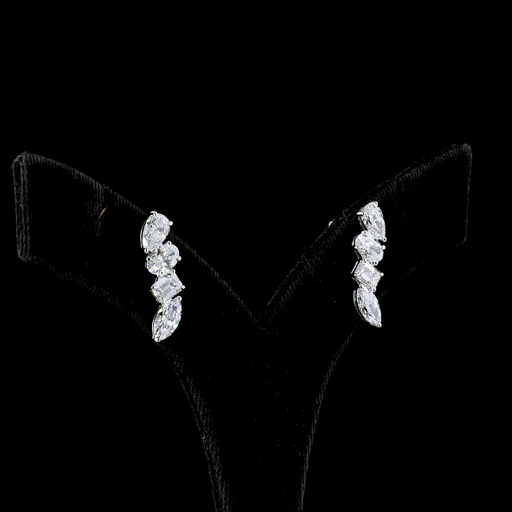 14K White Gold Mixed Shape Diamond Crawler Earrings with Pear, Oval, Rectangular, and Marquise Cut Lab-Grown Diamonds - 4.13 Carat Total Weight - Covaloro Fine Jewelry - Image 3
