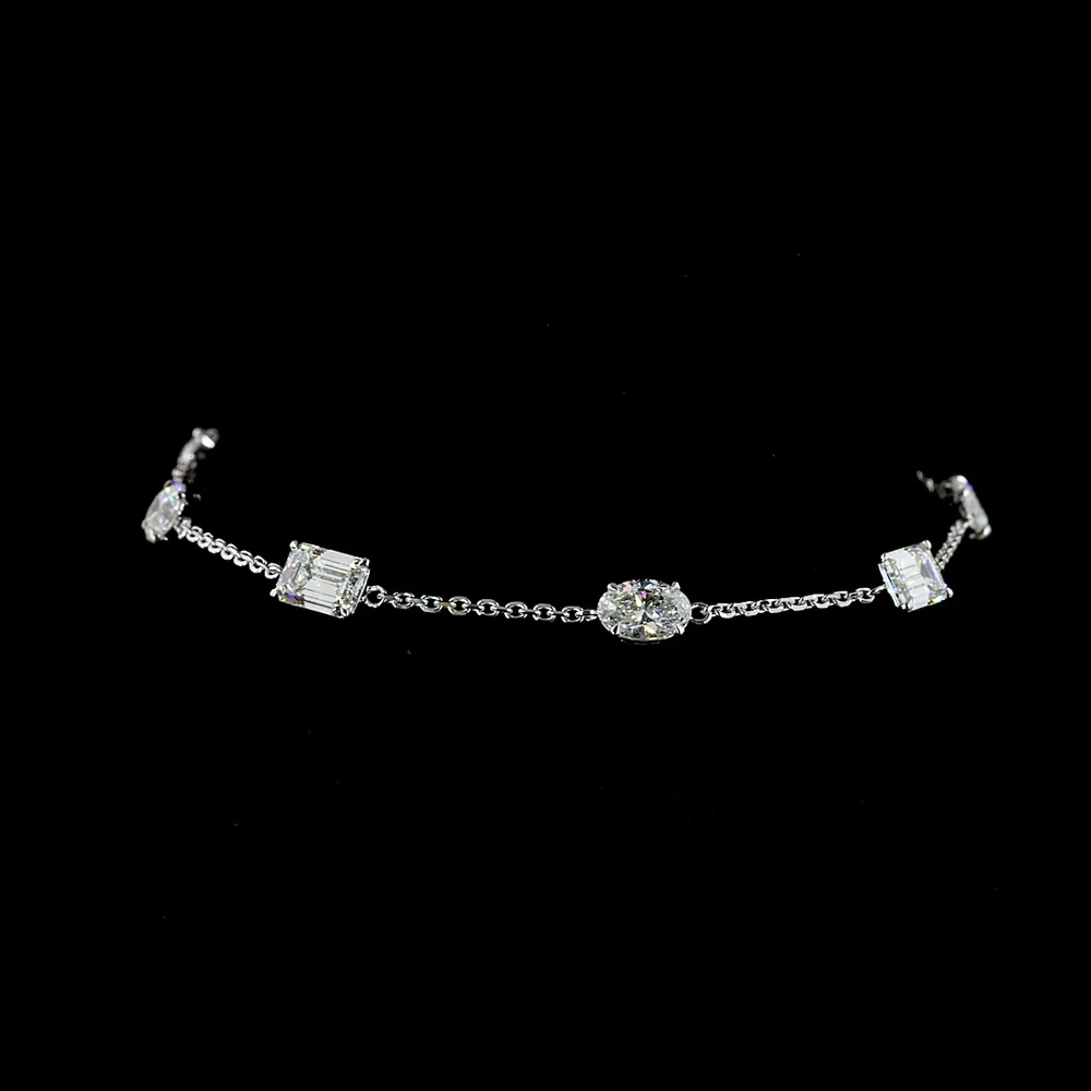 14K White Gold Mixed Shape Diamond Station Bracelet with Oval, Emerald, Pear, and Round Lab Diamonds - 3.09 Carats Total Diamond Weight - Covaloro Fine Jewelry