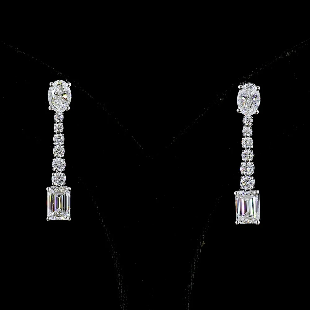 14K White Gold Mixed Shape Drop Earrings with Oval, Round, and Emerald Cut Lab Diamonds - 5.06 Carats Total Diamond Weight - Covaloro Fine Jewelry