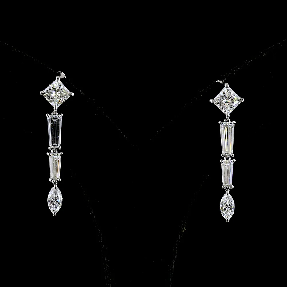 14K White Gold Mixed Shape Drop Earrings with Princess, Baguette, and Marquise Cut Lab Diamonds - 4.60 Carats Total Diamond Weight - Covaloro Fine Jewelry