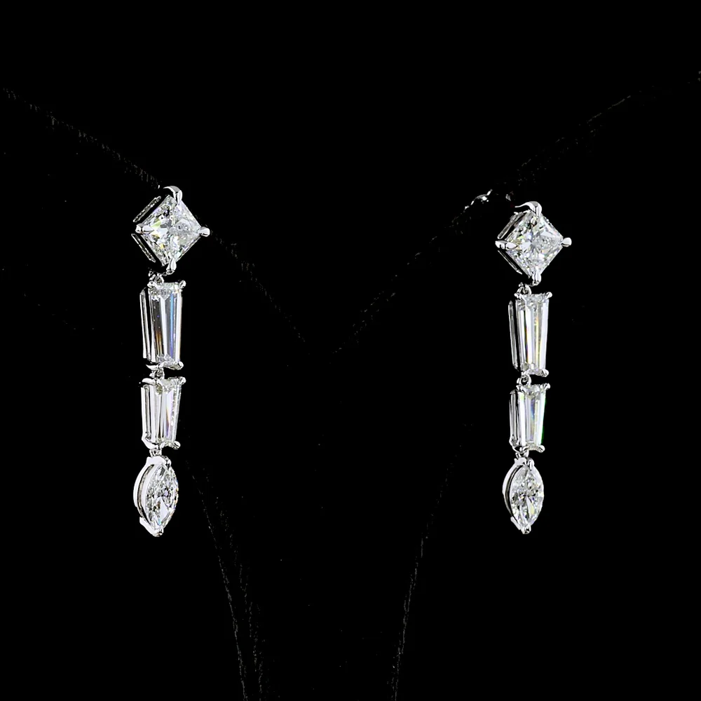 14K White Gold Mixed Shape Drop Earrings with Princess, Baguette, and Marquise Cut Lab Diamonds - 4.60 Carats Total Diamond Weight - Covaloro Fine Jewelry - Image 3