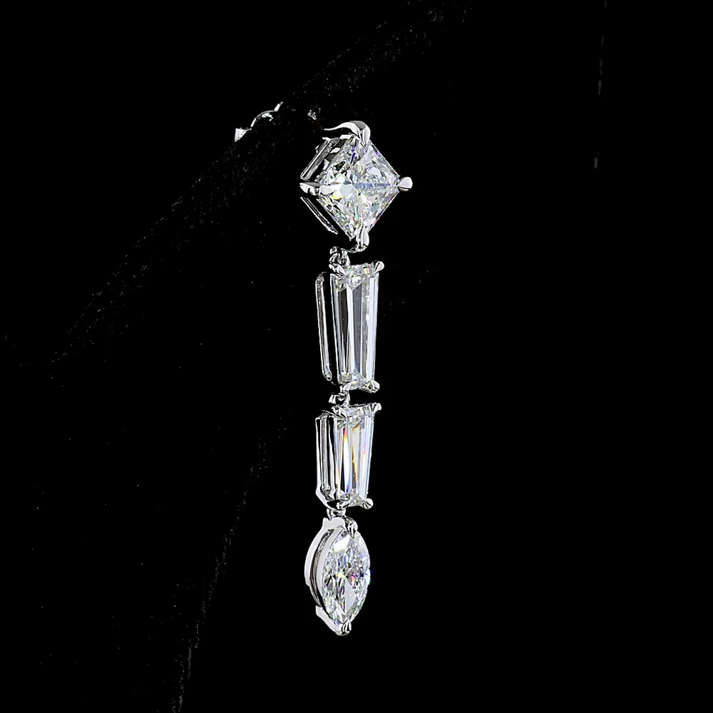 14K White Gold Mixed Shape Drop Earrings with Princess, Baguette, and Marquise Cut Lab Diamonds - 4.60 Carats Total Diamond Weight - Covaloro Fine Jewelry - Image 4