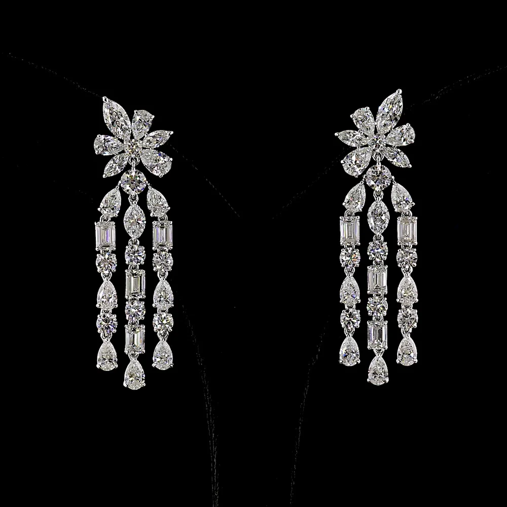 14K White Gold Mixed Shape Hanging Chandelier Earrings with Marquise, Pear, Emerald, and Round Lab Diamonds - 12.74 Carats Total Diamond Weight - Covaloro Fine Jewelry