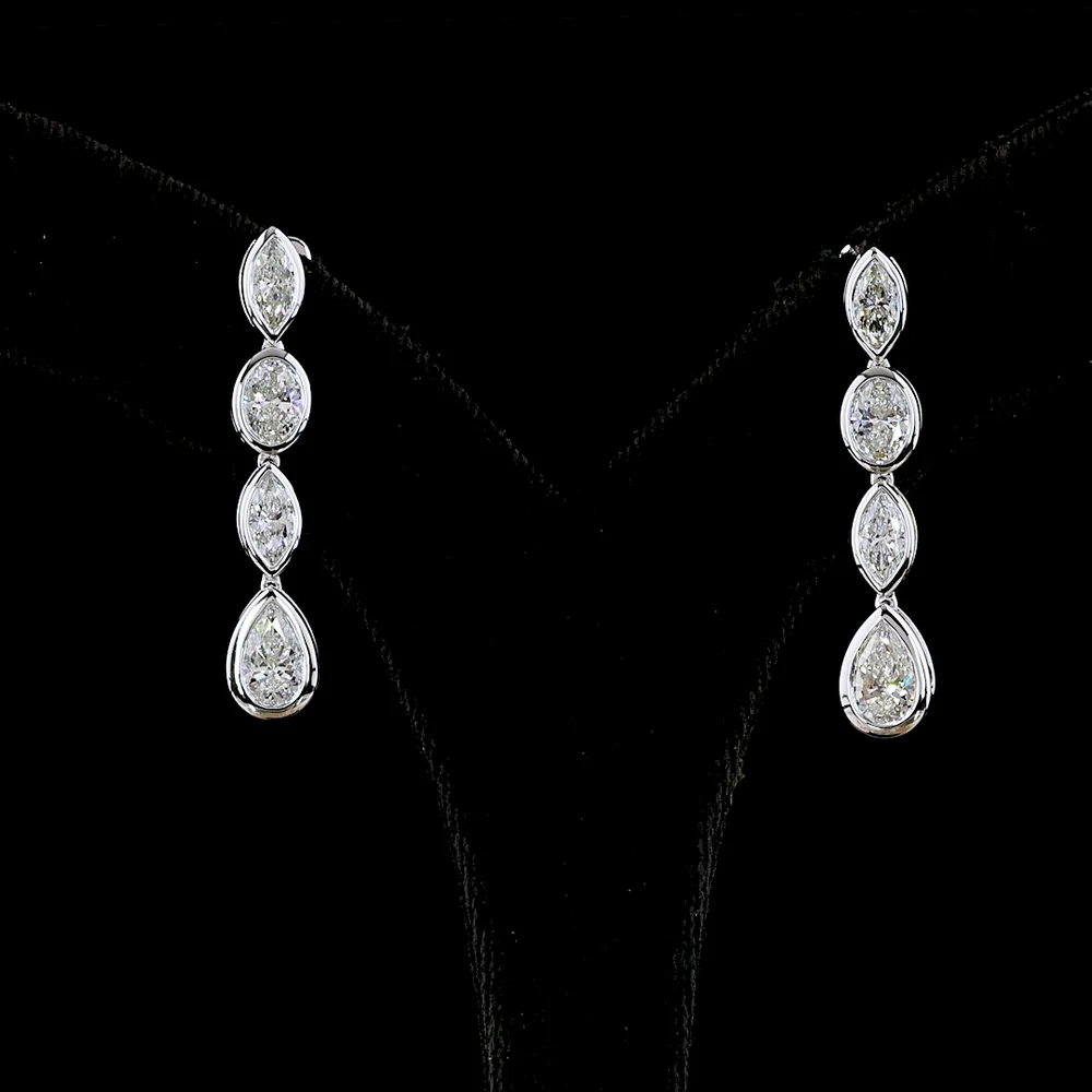 14K White Gold Mixed-Shape Hanging Drop Earrings with Bezel Set Lab Diamonds - 3.32 Carats Total Diamond Weight - Covaloro Fine Jewelry