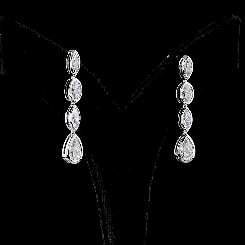 14K White Gold Mixed-Shape Hanging Drop Earrings with Bezel Set Lab Diamonds - 3.32 Carats Total Diamond Weight - Covaloro Fine Jewelry - Image 3