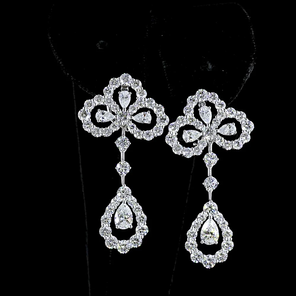 14K White Gold Mixed Shape Hanging Drop Earrings with Pear and Brilliant Cut Lab-Grown Diamonds - 6.84 Carats Total Diamond Weight - Covaloro Fine Jewelry