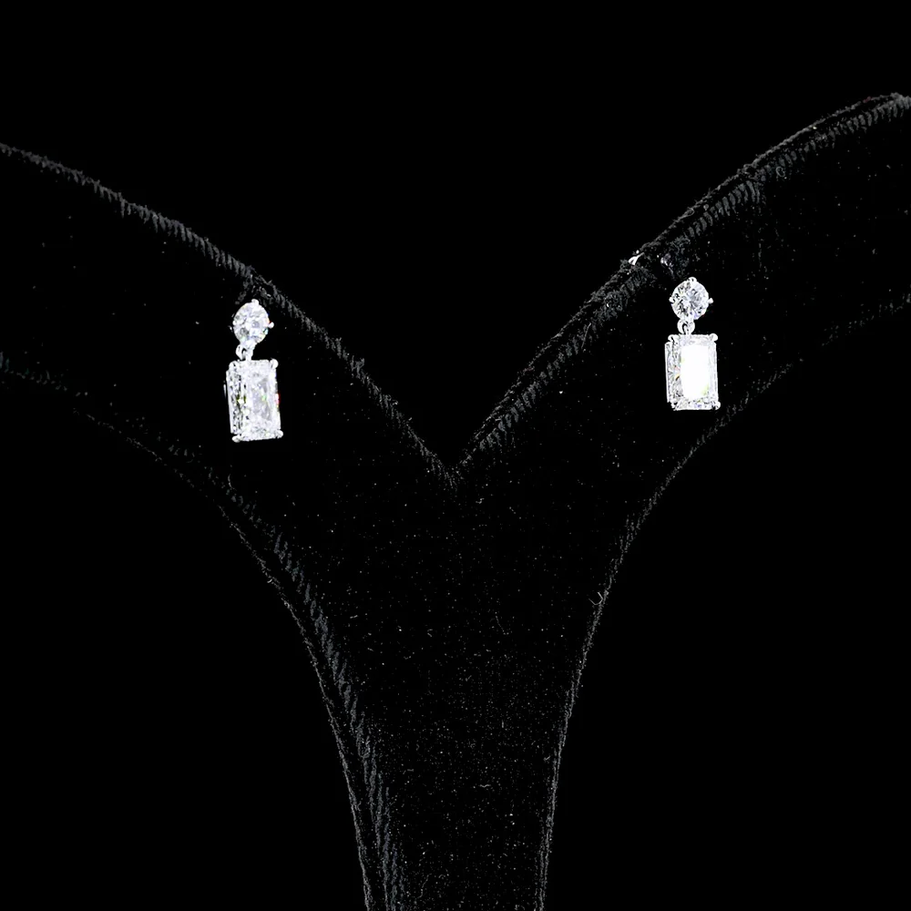 14K White Gold Mixed Shape Hanging Earrings with Brilliant Round and Radiant Cut Lab Diamonds - 1.72 Carat Total Diamond Weight - Covaloro Fine Jewelry
