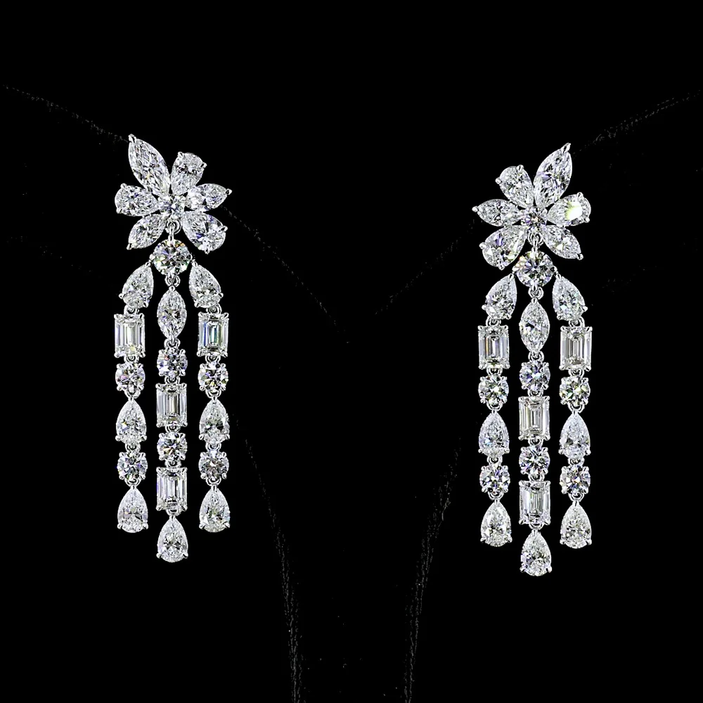14K White Gold Mixed Shape Hanging Earrings with Emerald, Marquise, Brilliant, and Pear Lab Diamonds - 13.63 Carats Total Diamond Weight - Covaloro Fine Jewelry