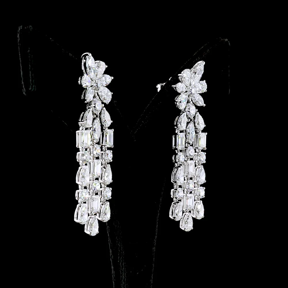 14K White Gold Mixed Shape Hanging Earrings with Emerald, Marquise, Brilliant, and Pear Lab Diamonds - 13.63 Carats Total Diamond Weight - Covaloro Fine Jewelry - Image 3