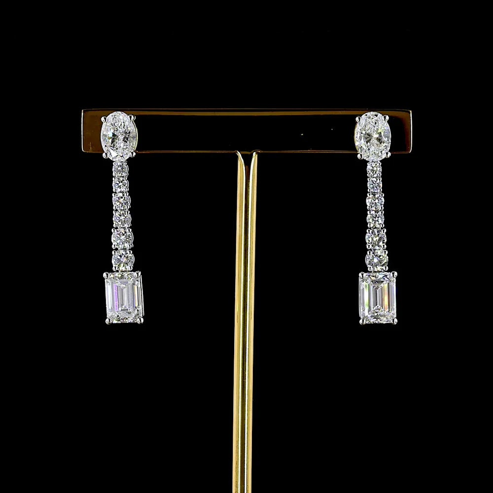 14K White Gold Mixed Shape Hanging Earrings with Oval, Brilliant, and Emerald Cut Lab Diamonds - 4.90 Carats Total Diamond Weight - Covaloro Fine Jewelry